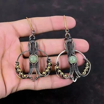 Серьги из пренита, обернутые медной проволокой, серьги ручной работы, серьги из натуральных драгоценных камней, совершенно новые серьги, ювелирные изделия из медной проволоки, подарок для нее