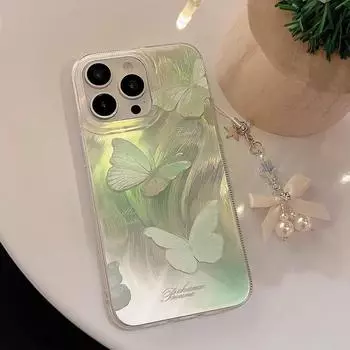 Премиальный чехол в корейском стиле для iPhone 15 Pro Max 14 13 12 11 Xsmax XR — сине-зеленый блестящий чехол-бабочка для женщин и девочек, прочный взломостойкий чехол iPhone 15 Pro Max