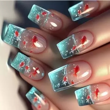 Press on Nails Long Square Fake Nails with Fish Designs False Nails Cute Glossy Glues on Artificial Nails for Womens
