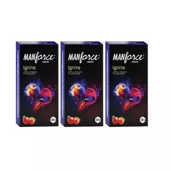 Презервативы Manforce Ignite со вкусом яблока и персика, 10 шт. (Пакет из 3), Прозрачный, Большой