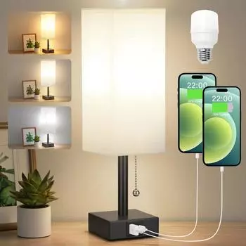 Прикроватная настольная лампа с портами USB C+A, цепочка для настольной лампы, перезаряжаемая через USB, абажур переменного тока 85-265 В для гостиной, кабинета, чтения EU Plug бежевый