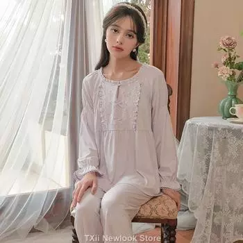 Princess-style Sleepwear for Women s Autumn Long-sleeved Pantsuit Set with Sweet Lace Trim and Girl Homewear M