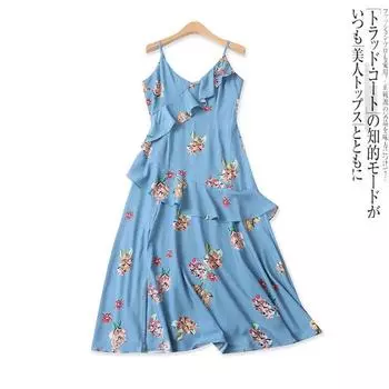 Print Suspender Skirt Summer New Arrival Foreign Trade Women s Clothing French Joker Ruffles Front Slit Silm Dress 17976 Image color L
