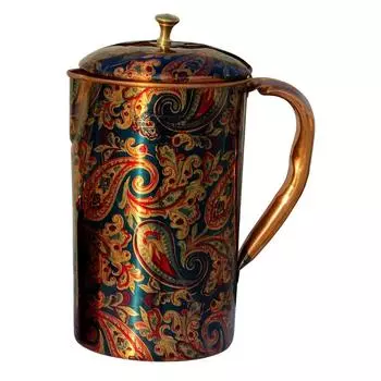 Printed Copper Jug Pitcher, Storage & Serving Water, Yoga Ayurveda Healing, 1500 ML