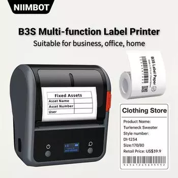 Принтер этикеток Niimbot B3S Бесчернильный Bluetooth Портативный принтер для мобильных телефонов Принтер ценников для супермаркетов Термостикер Ширина этикетки от 20 мм до 75 мм