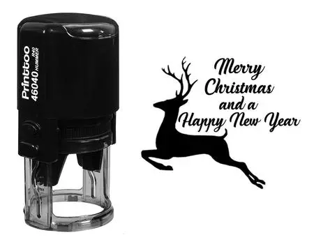 Printtoo Round Self Inking Merry Christmas And Happy New Year Rubber Stamp Reindeer Holiday 40 mm Diameter (Approx) чёрный