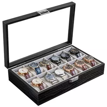 ProCase Watch Case for 12 Watches Wooden Watch Box Watch Collection Men Clear Glass Top Display Case Luxury Gift (Black)