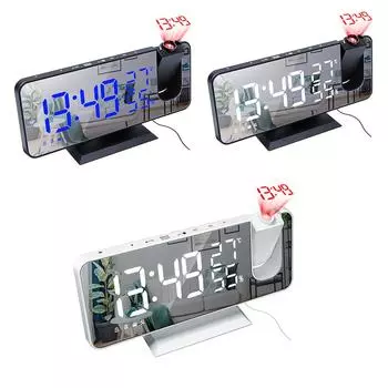 Проекционный цифровой будильник, радиобудильник на потолке, USB-порт для зарядного устройства, дисплей температуры и влажности, зеркальный светодиодный дисплей 7,3 дюйма синий/чёрный