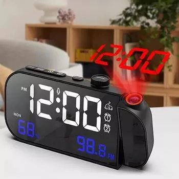 Проекционный цифровой будильник с углом обзора 180°, индикатором температуры и влажности, двухнедельным будильником, регулируемой громкостью, функцией повтора сигнала, настольными часами с FM-радио 12/24 часа, светодиодными часами белый