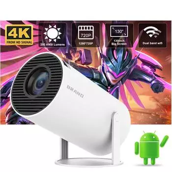 Проектор 4K Android 11 Dual Wifi6 200 ANSI Allwinner H713 BT5.0 1080P 1280*720P Портативный домашний кинотеатр на открытом воздухе EU Plug белый
