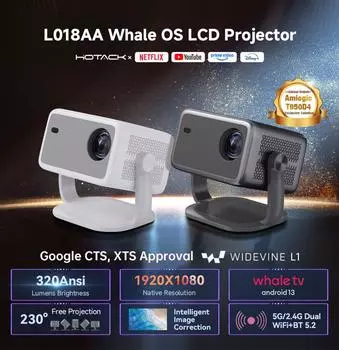 Проектор Native 1080P 650ANSI 4K Android 11 L018 360° с автоматической коррекцией трапецеидальных искажений Focus Wifi6 BT5.2 Portable Outdoor US PLUG чёрный