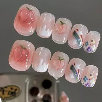 Профессиональное накладное покрытие на короткие накладные ногти, съемные, ручной работы, розовый, персиковый, радужного цвета, маникюр, украшение для ногтей, маникюр, накладные ногти XS