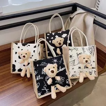 Простая модная милая сумка с медведем из мультфильма, холщовая сумка, портативная ткань белый