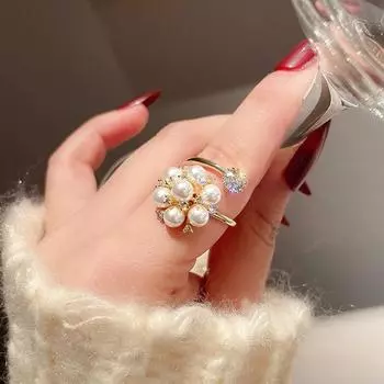 Простое кольцо в форме цветка из сплава циркона с геометрическим жемчугом, открытое кольцо, кольцо в корейском стиле, женские кольца, кольцо на палец со стразами