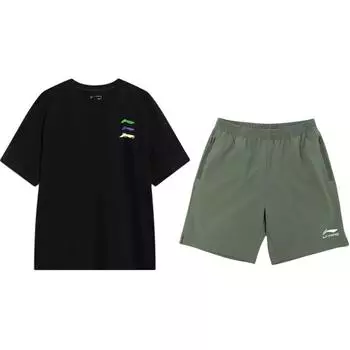Простой удобный модный пуловер с круглым вырезом и принтом логотипа Li Ning, шорты с короткими рукавами и средней посадкой, повседневный спортивный костюм, комплекты унисекс YHSV373-2+YKSV147-1 S