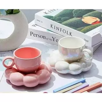 Простые кофейные кружки с подсолнухом, набор для офиса и дома, серия макарон, кофейные керамические чашки и блюдца, розовый жемчуг, белый, креативная милая чашка 200ml