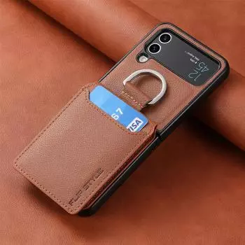 Противоскользящий кожаный чехол-кошелек с кольцом на палец для Samsung Galaxy Z Flip 4 5g Flip4 Flip5 Flip3 Zflip4 Flip 5 3 Zflip 4, слот для карт for Samsung Z Flip 4 чёрный