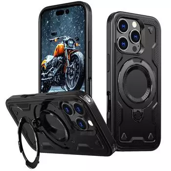 Противоударный бронированный чехол для iPhone 16 15 14 Pro Max 12 13 360° поворотный магнитный складной держатель с металлическим кольцом Magsafe for iPhone12pro чёрный