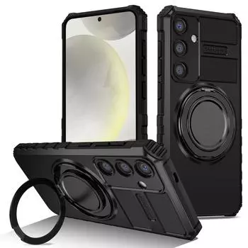Противоударный чехол-держатель с магнитным кольцом для Samsung Galaxy S24 S23 S22 S21 S20 Ultra Plus 23 FE Note20, защитная крышка для слайд-камеры For Galaxy S23 чёрный
