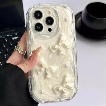 Противоударный чехол для телефона с 3D жемчужным бантом и блестками для iPhone 14 13 12 11 15 Pro Max 15 Plus XS Max XR XS, прозрачный мягкий силиконовый милый чехол For iphone12Pro