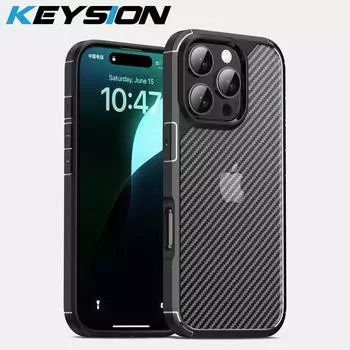 Противоударный чехол KEYSION для iPhone 16 Pro Max, силиконовый + матовый чехол из поликарбоната с текстурой из углеродного волокна, задняя крышка для iPhone 16 15 Pro Max for iPhone 15 Pro чёрный