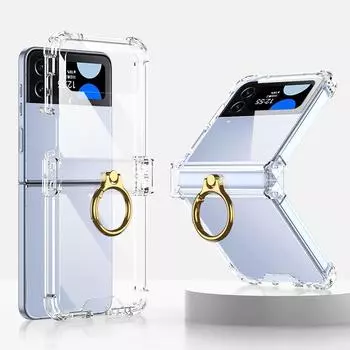 Противоударный прозрачный чехол с кольцом для Samsung Galaxy Z Flip 4 Flip4 5g, защитный шарнир, прозрачная усиленная угловая крышка case with ring оранжевый