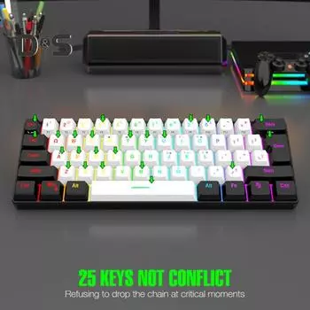Проводная механическая игровая клавиатура с RGB-подсветкой, универсальная 61 клавиша, мини-проводная офисная клавиатура с мышкой белый/чёрный