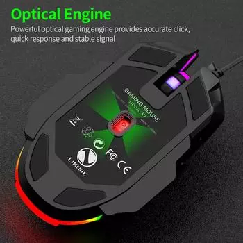 Проводная мышь USB с 6 клавишами, эргономичная офисная игровая мышь с 4-уровневой регулировкой DPI, цветной подсветкой чёрный