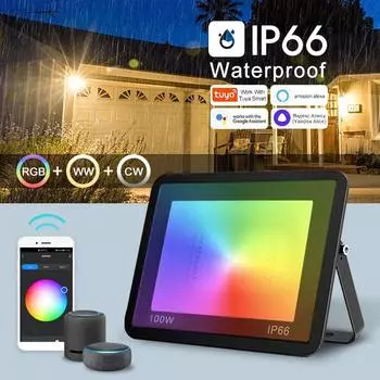 Прожектор TUYA RGB с голосовым управлением и приложением Smart APP RGBCW CCT 3000-6500K 30 Вт 50 Вт 100 Вт 220 В переменного тока для уличного освещения в саду AC 220V