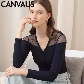 Прозрачная блузка Canvaus в сетку с v-образным вырезом, модная женская универсальная рубашка с длинными рукавами и тонким низом S синий
