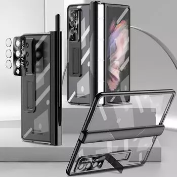 Прозрачный чехол для Samsung Galaxy Z Fold с закаленной пленкой S Pen, подставка, полная защита для Fold 34, роскошный магнитный чехол For Galaxy Z Fold 4 серебряный