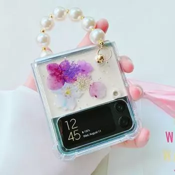 Прозрачный чехол для телефона с цветочным блеском для Samsung Galaxy Z Flip 4 3, противоударная жесткая задняя крышка с портативным жемчужным браслетом For Samsung Z Flip 4