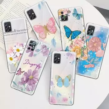 Прозрачный чехол с фиолетовыми цветами и розовой бабочкой для Samsung Galaxy A34 A12 A32 A52 A72 A71 A51 A14 A31 A21s A23 A53 A73 A50 A02s A20e For Samsung A20e