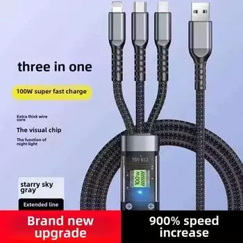 Прозрачный кабель для быстрой зарядки 3 в 1 мощностью 100 Вт для Huawei, Apple, Android с подсветкой 1.2m (bare wire) чёрный