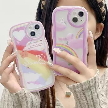 Прозрачный силиконовый чехол с волнистым краем для Xiaomi Redmi Note 12 11 10 Samsung A54 A24 A14 iPhone 14 15 13 Funda Tulips Bunny Bear Rainbow Cover Infinix Hot 10 (X682)