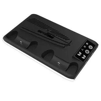 PS5/PS5 Slim Подставка с вентилятором охлаждения и RGB-подсветкой Док-станция для зарядки двух контроллеров Держатель для наушников Несколько портов USB Противоскользящие силиконовые накладки 30*19*3.2cm чёрный
