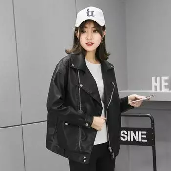 Pu Leather Jacket Women s Short Harajuku Style Korean Style Slim Student Bf Style Loose Motorcycle Leather Jacket Trendy S