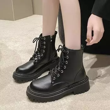 Pu Leather Plush Ankle Boots Women Winter Med Heels Non-Slip Warm Snow Boots Woman Outdoor Waterproof Cotton-Padded Shoes Ladies 35