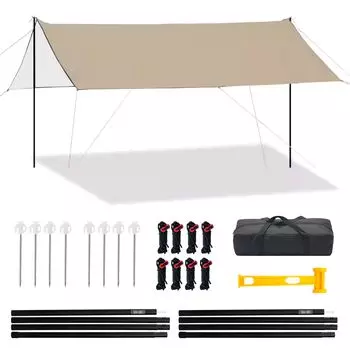 PU Silver Coating Tarp Outdoor Camping Backpack Tarp Tent with Pole Khaki 34m