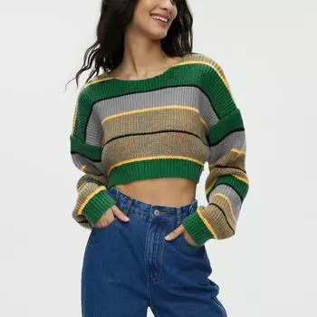 Pullover Sweater Female Autumn and Winter Spice Girls Striped Color Blocking Loose Knit Short Sweater Coat Female Comfortable and Versatile S зелёный