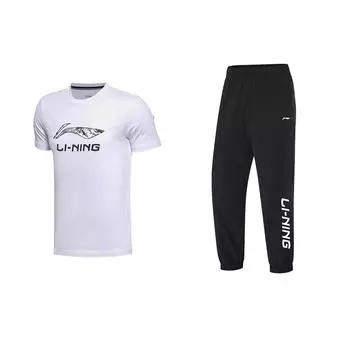 Пуловер с круглым вырезом и принтом логотипа Li Ning, короткий рукав, эластичные длинные брюки с надписью Cool Dry, повседневный спортивный комплект, спортивный комплект унисекс YHST165-1+YYKU111-1 M