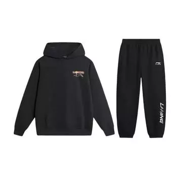 Пуловер с принтом букв Li Ning, свободный, с капюшоном, со спущенным плечом, длинным рукавом, эластичной талией, длинные брюки, повседневный спортивный костюм, унисекс, черный AWDU133-4+YKLU208-1 M