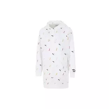 Puma Логотип по всей поверхности печати дышащий свободный повседневный капюшон с длинным рукавом платье женские платья белые 531648-02 S