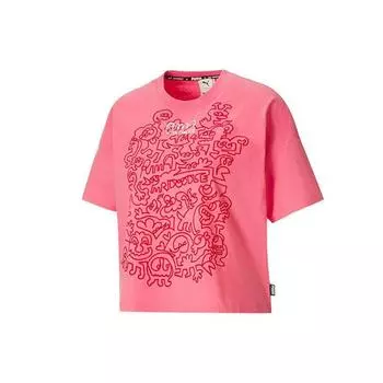 PUMA x Mr Doodle Collaboration Свободная посадка с мультяшным принтом, укороченная футболка с круглым вырезом, женские топы, розовый 530659-81