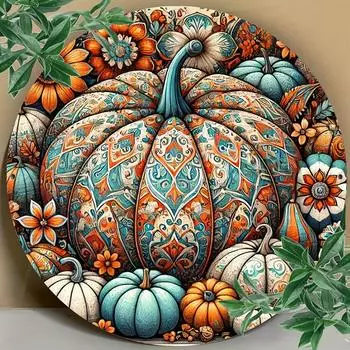 Настенный рисунок с тыквой и цветочным узором - круглая железная металлическая табличка размером 8X8 дюймов - идеально подходит для дома, фермы, веранды, спальни чёрный