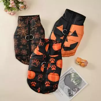 Pumpkin Print Dog Jacket Halloween Pet Clothes For Small Dogs Cats Coat With D Ring Winter Warm Puppy Kitten Vest Pet Apparel S