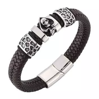 Punk Men Jewelry Skull Spades Bracelet Stainless Steel Charm Fashion Clasp Leather Bracelet Bangles Gift 165mm коричневый