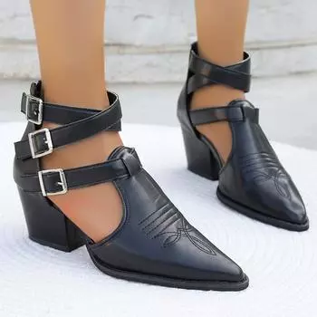 Punk Style Buckle Strap High Heels Sandals Women Pointed Toe Chunky Heeled Gladiator Shoes Woman Ankle Strap Summer Ankle Boots 35 фиолетовый