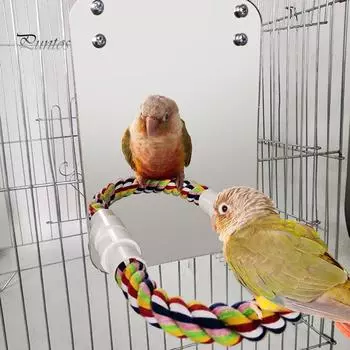 Puntos Pet Bird Parrot Mirror Cotton Rope Pch Cage Mounted Decor Bite Chew Molar Toy