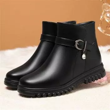 Pure Black Concise Women Winter Office Non-slip Warm Flat Short Boots Belt Buckle Crystal Metal Decoration Ankle Boots 35(Foot22.5cm)